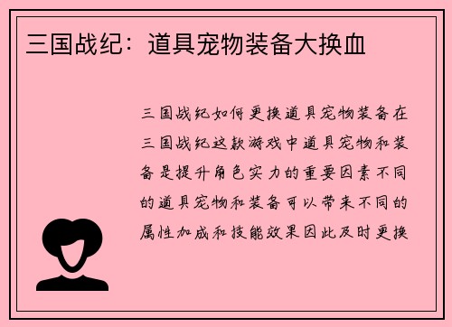 三国战纪：道具宠物装备大换血